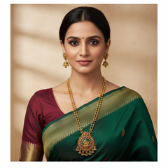 Round Small Ball Chain WIth Lakshmi Pendant in Green Stone - NH00495