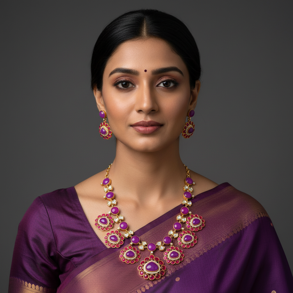 Beautiful Purple Stone Flower In Kundan Neckalce - KN00411