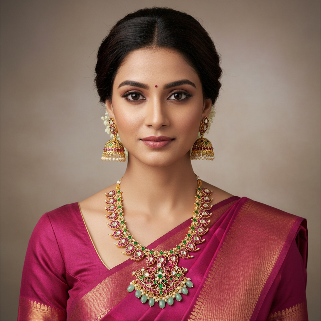 Jadau Mango Short Necklace With Jhumkis - KN00620