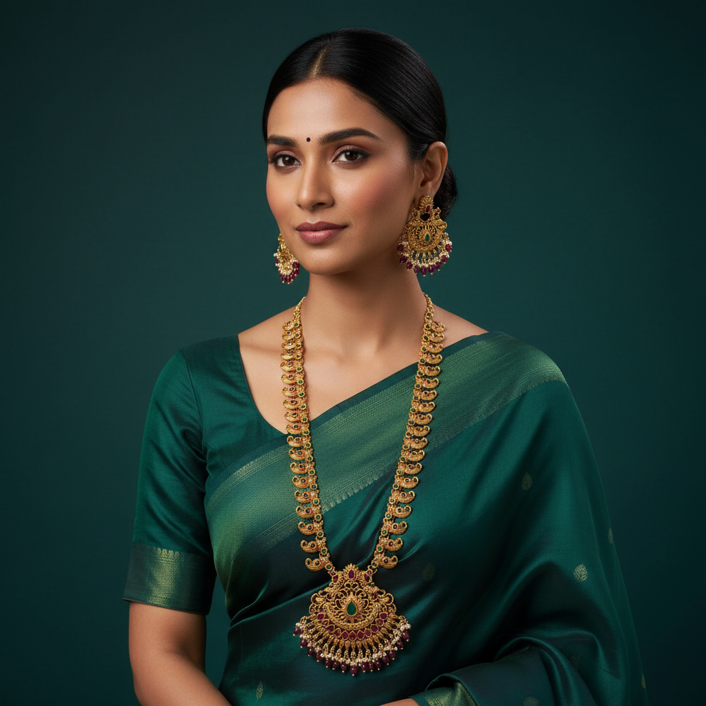 Antique Mango Haram With Peacock Pendent In Nakshi - NH00204