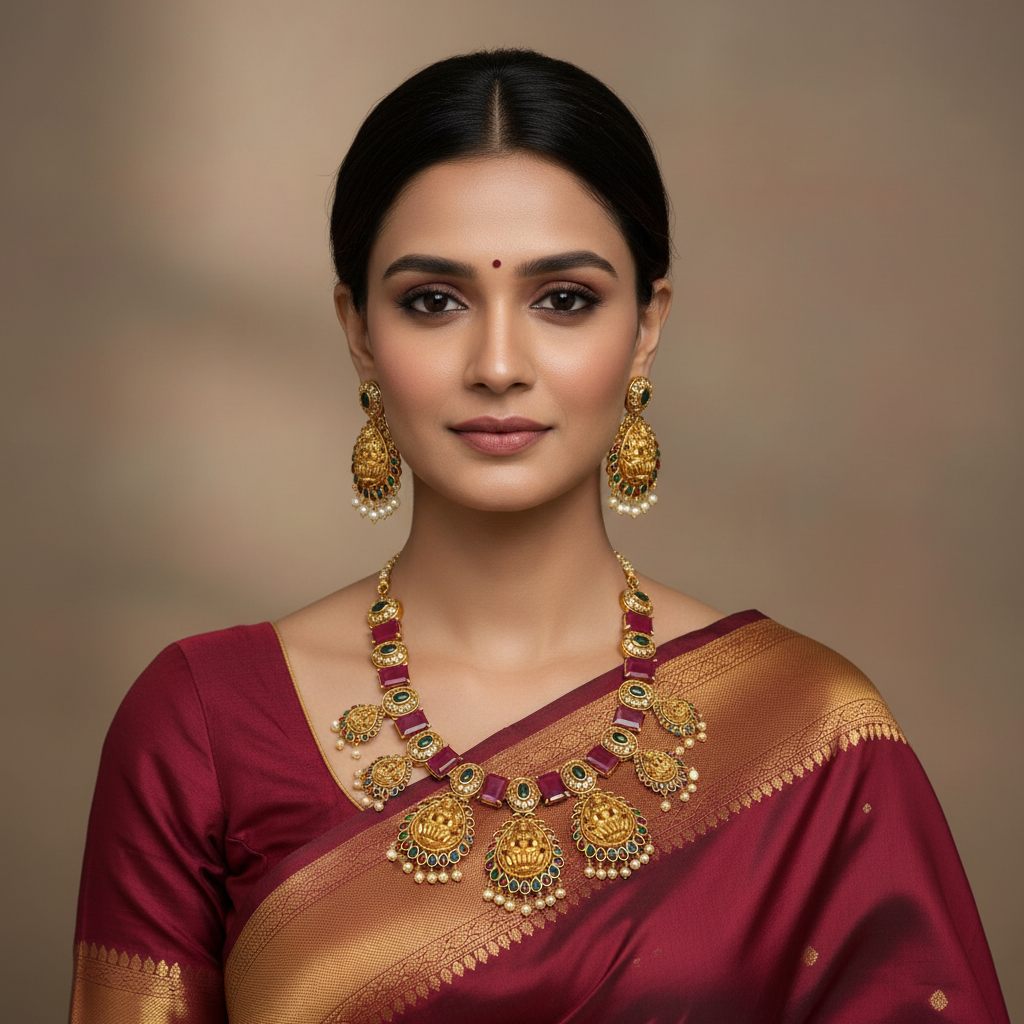 Ruby Stone Nakshi Lakshmi Necklace - NN00954