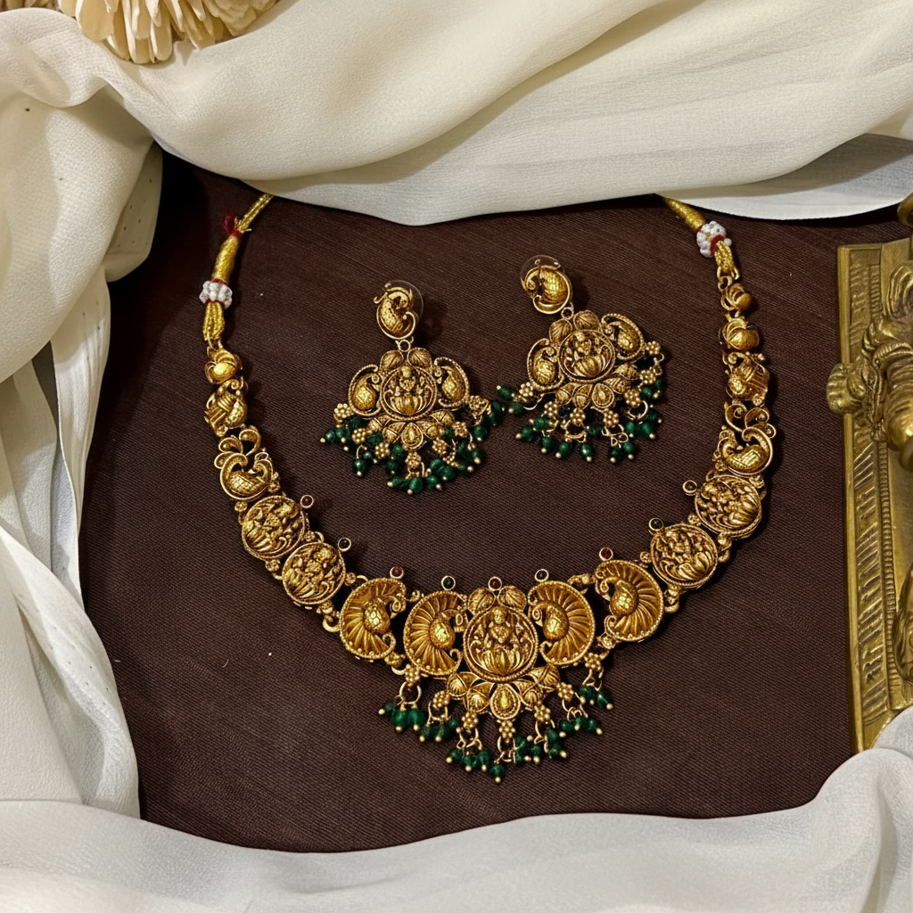 Nakshi Lakshmi Necklace With Emerald Beads - NN00933