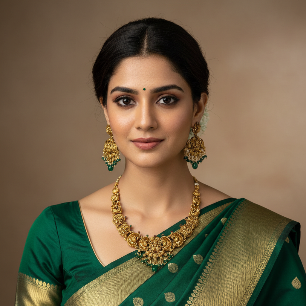 Nakshi Lakshmi Necklace With Emerald Beads - NN00933