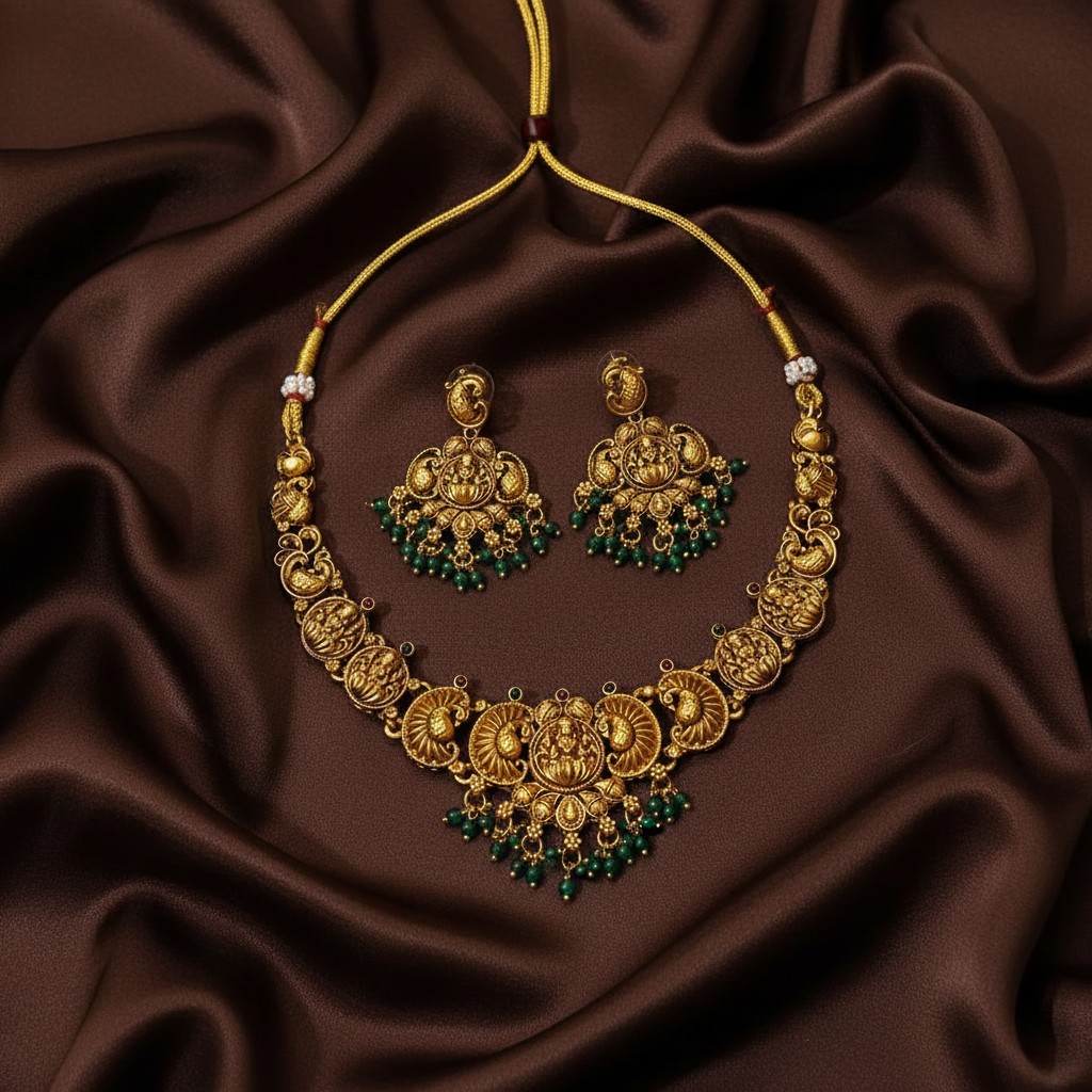 Nakshi Lakshmi Necklace With Emerald Beads - NN00933