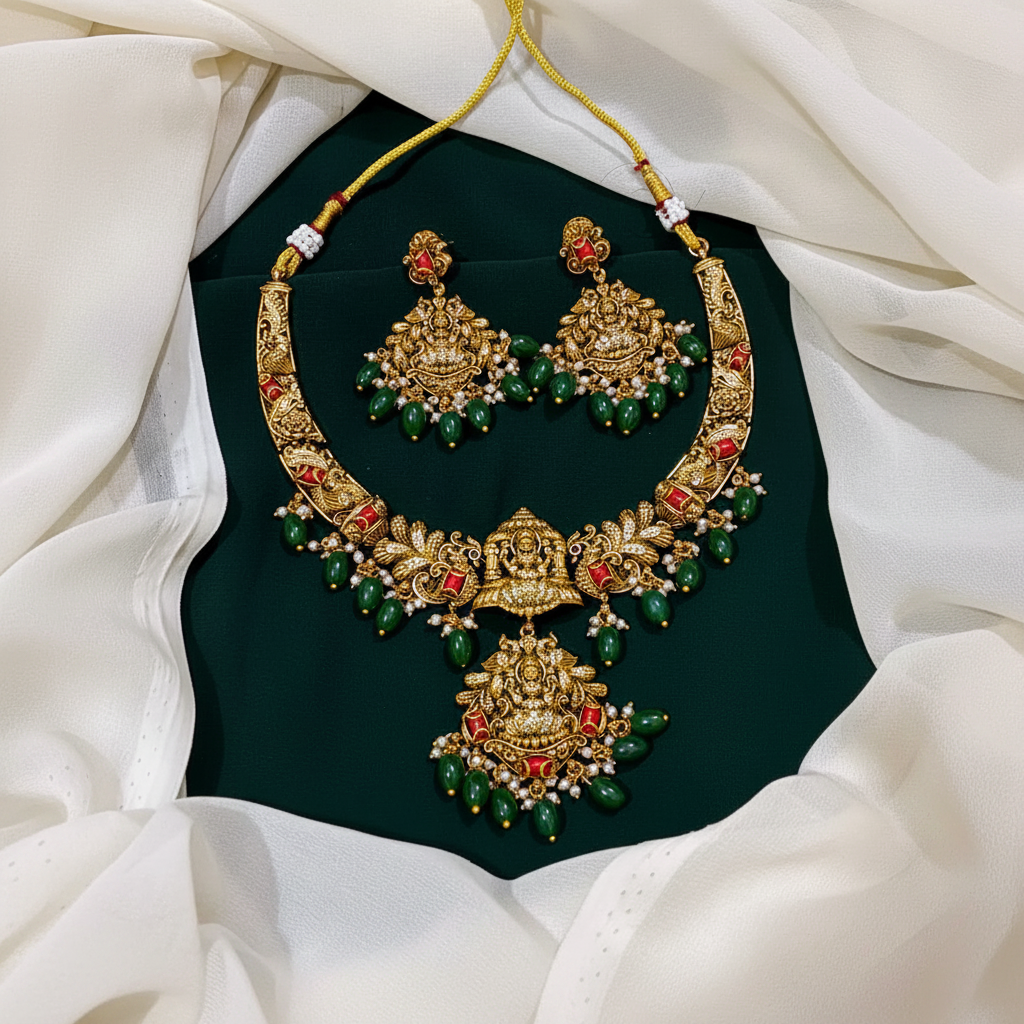 Antique Lakshmi Necklace with Emerald Pearls - NN00351