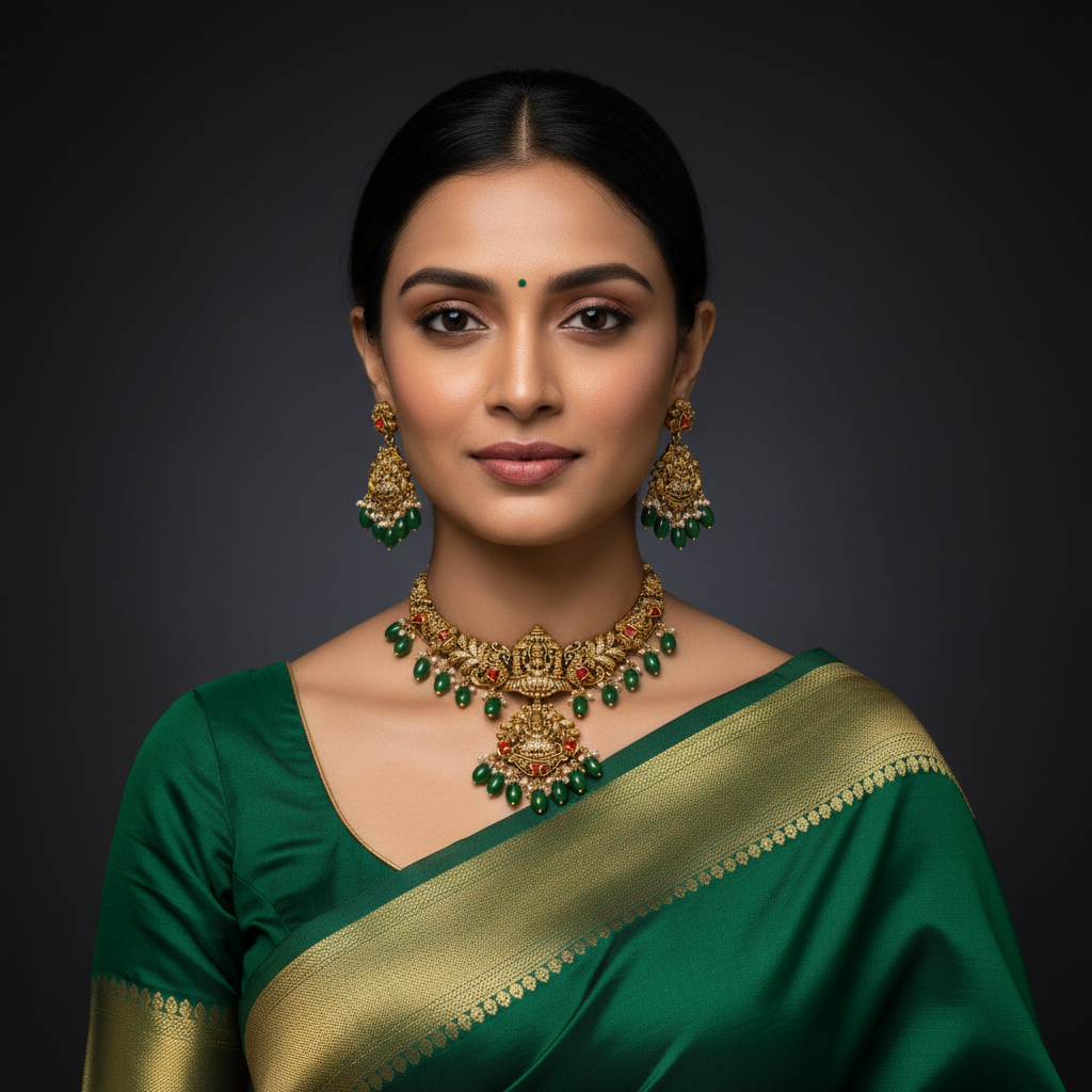 Antique Lakshmi Necklace with Emerald Pearls - NN00351