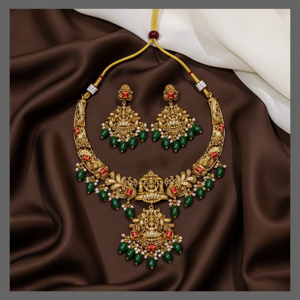 Antique Lakshmi Necklace with Emerald Pearls - NN00351