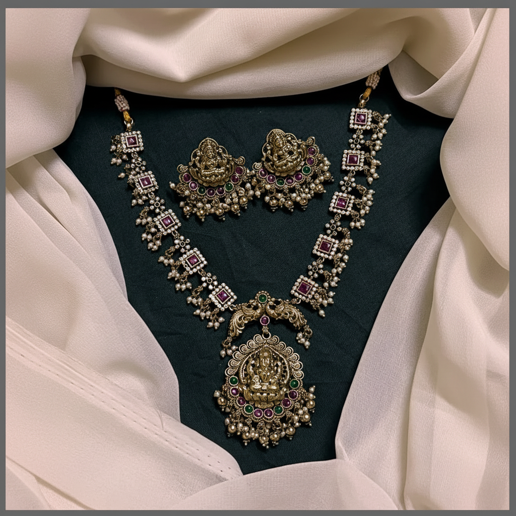 Antique Lakshmi Necklace In White Polish - NN00630