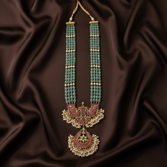Mint Monalisa beads with Jadau Gold Polish Pendant and Rice Pearls - PB00572