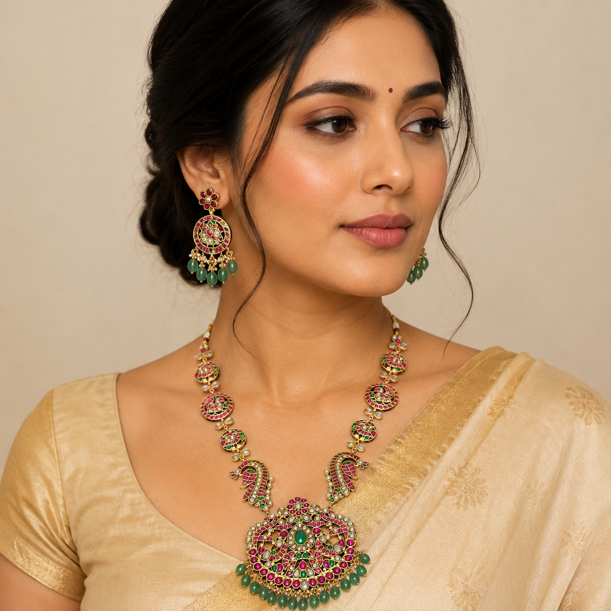 Jadau Grand Haram With Big Pendant and Screw Back Earrings - KH00417