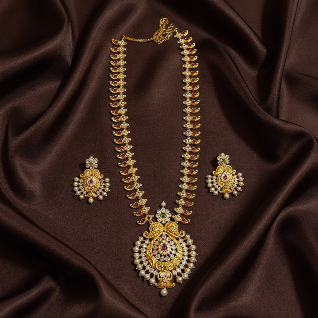 Gold Polish Mango Long Haram With Chandbali Pendant - NH00508