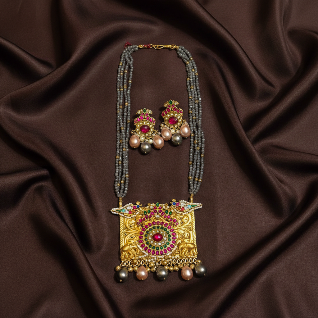 Beads Haram With Jadau Fusion Pendant - PB00631