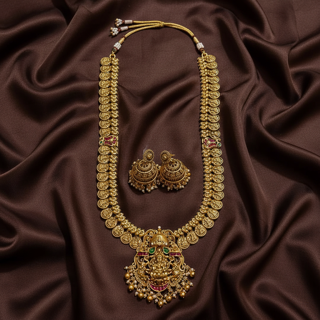 Kaasu Long Lakshmi Haram With Jhumkis - NH00491