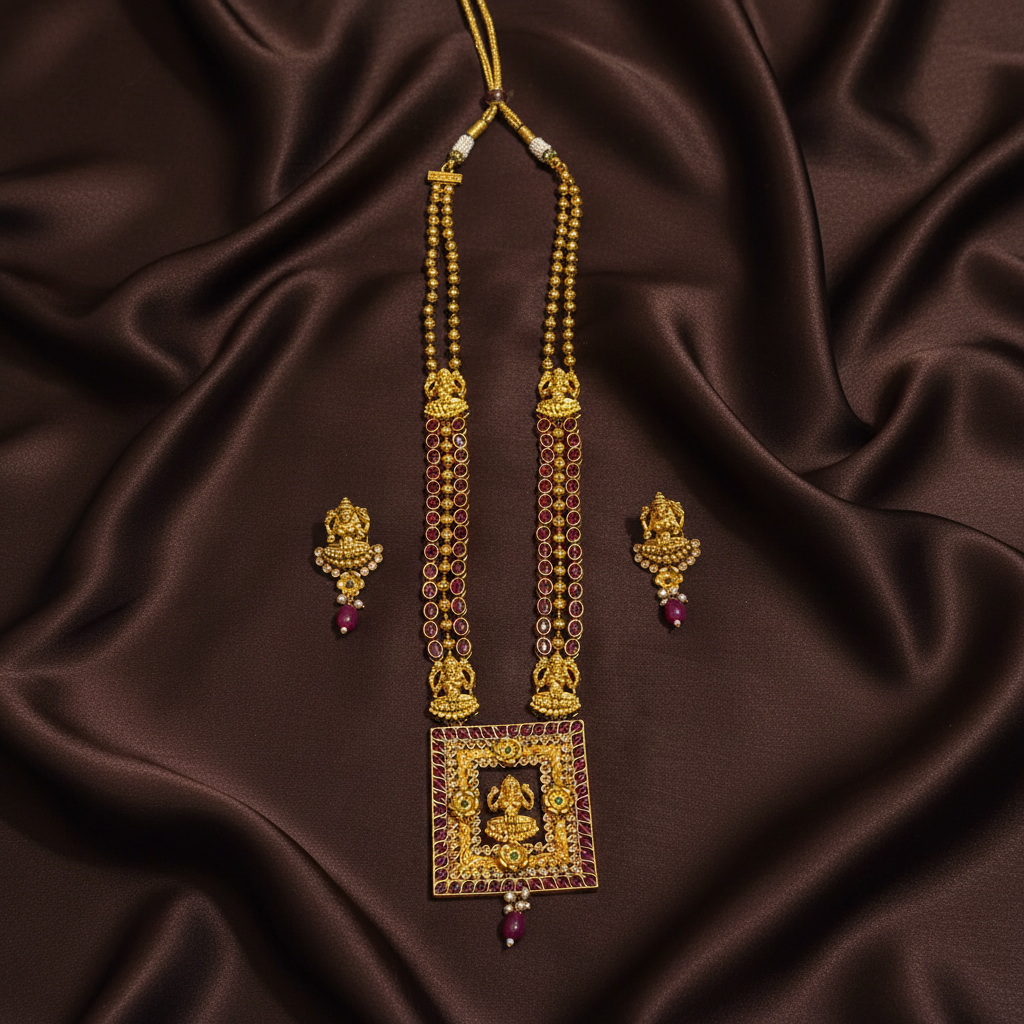 Lakshmi Devi Photo Frame Pendant in Antique Gold polish balls chain - NH00505