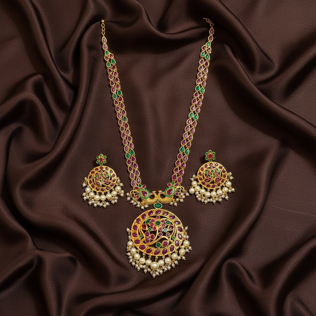 Multi Stones in Gold Polish 2 line Rani Haram - NH00506