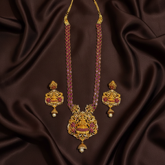 Ruby Stone Gold Polish Long Haram With Earrings - NH00502