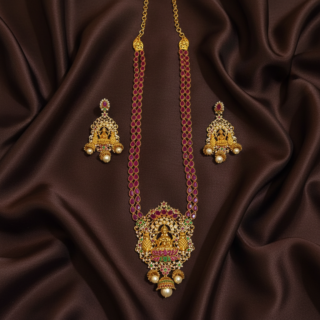 Ruby Stone Gold Polish Long Haram With Earrings - NH00502