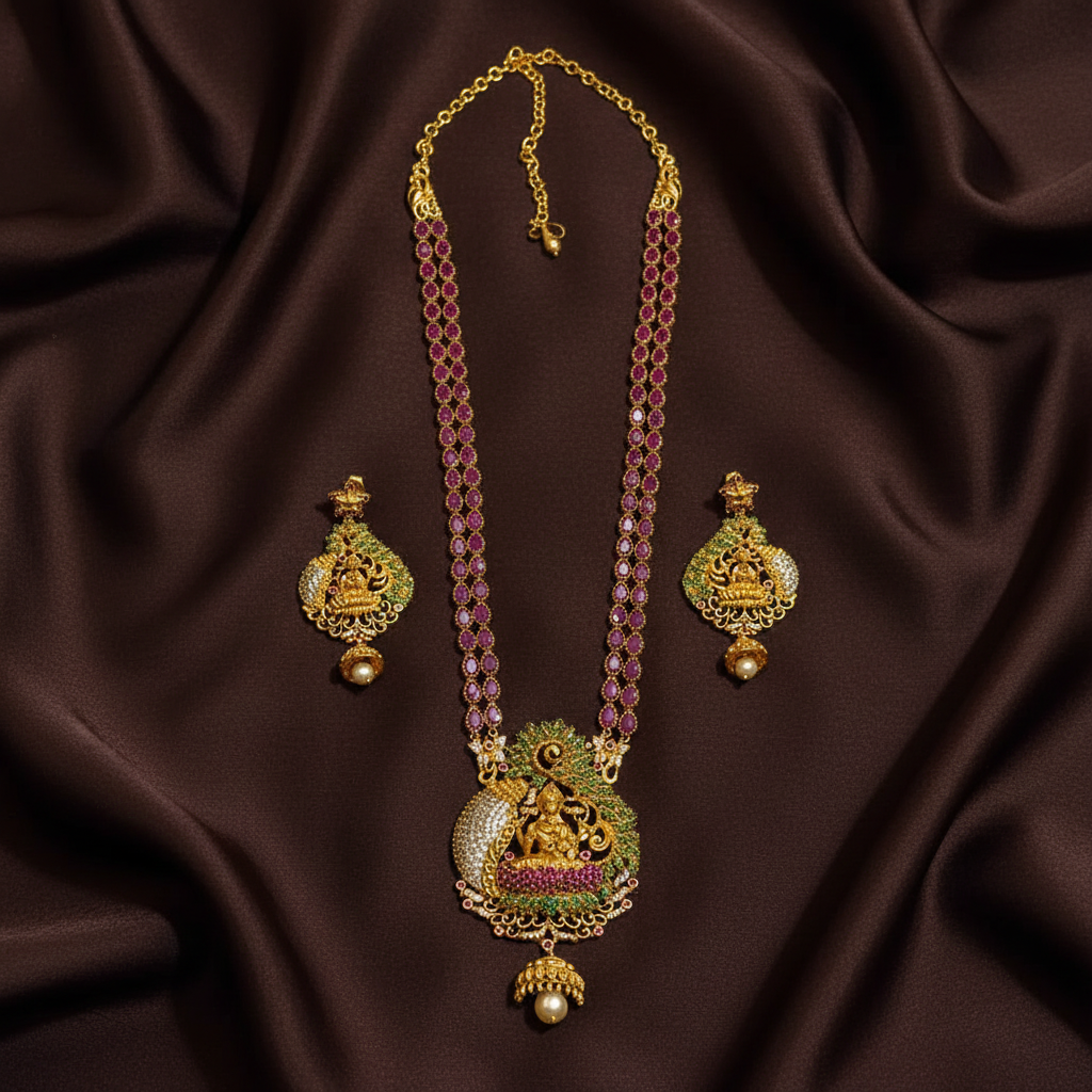 Ruby Stone Gold Polish Long Haram With Earrings - NH00502