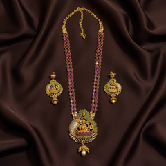 Ruby Stone Gold Polish Long Haram With Earrings - NH00502