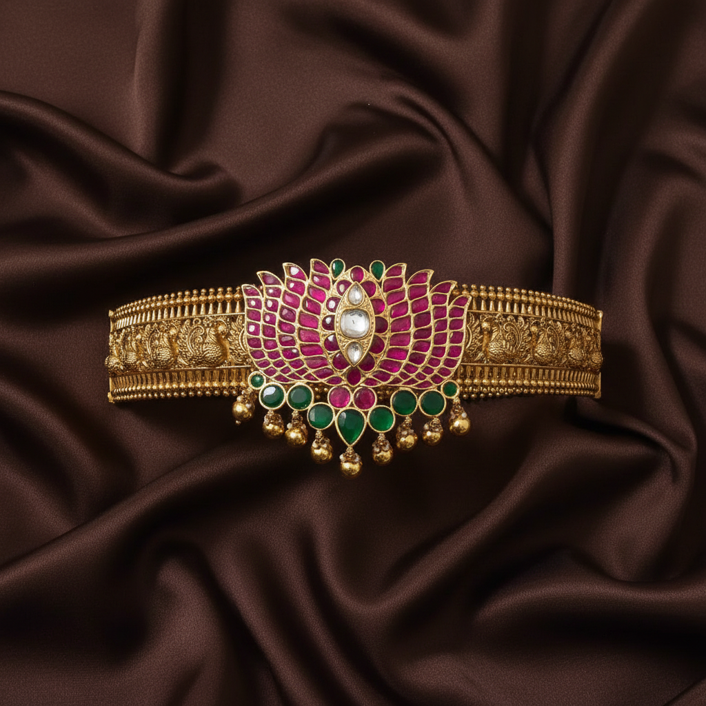 Lotus Jadau Pendant With Nakshi Belt - WB0030