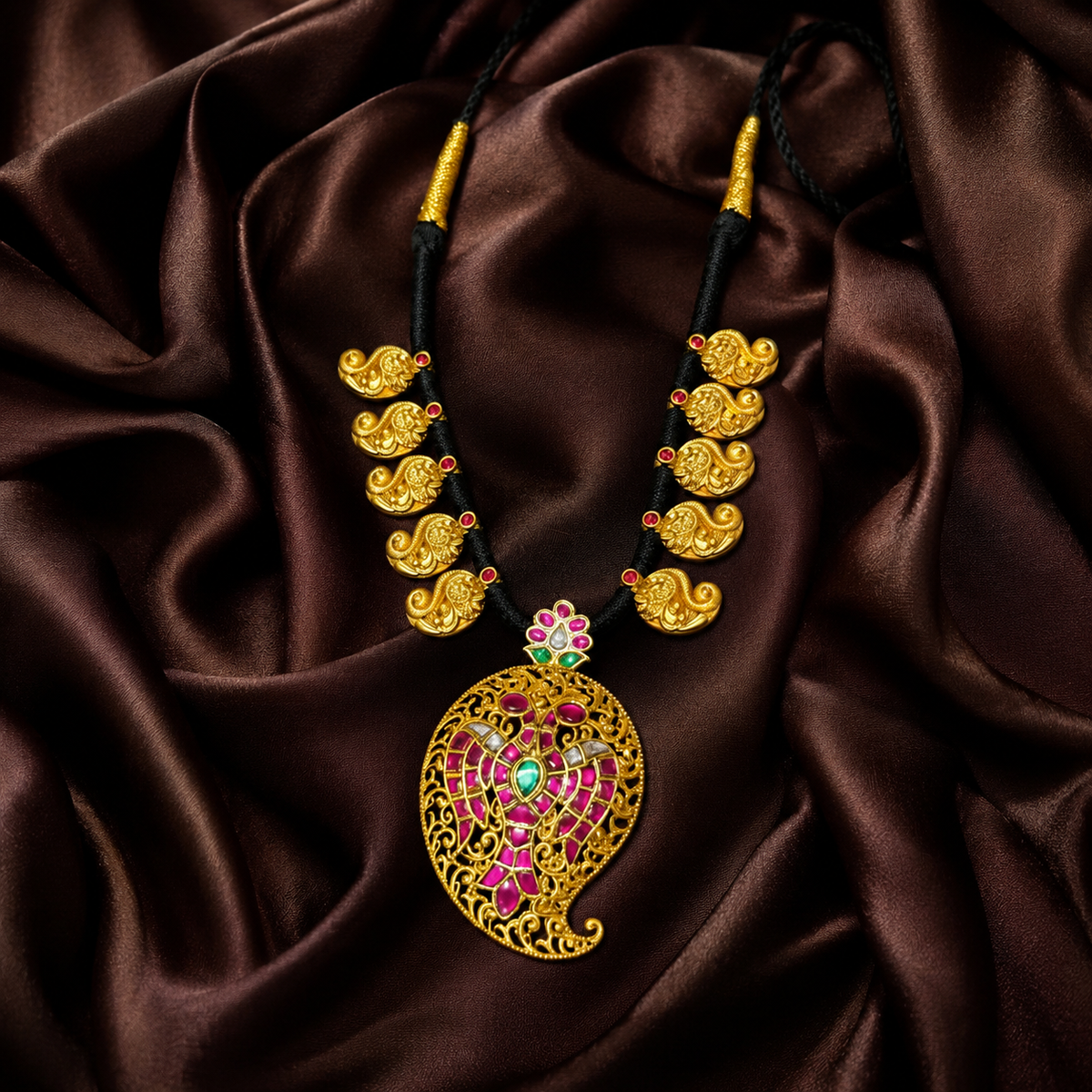Gandaberunda Jadau Pendant with Mango Black Dori - BD00158