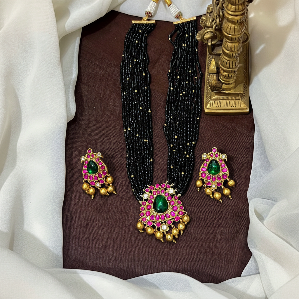 Designer Black Beads Set with Jadau Pendant And Screw Back Earrings - BD00170