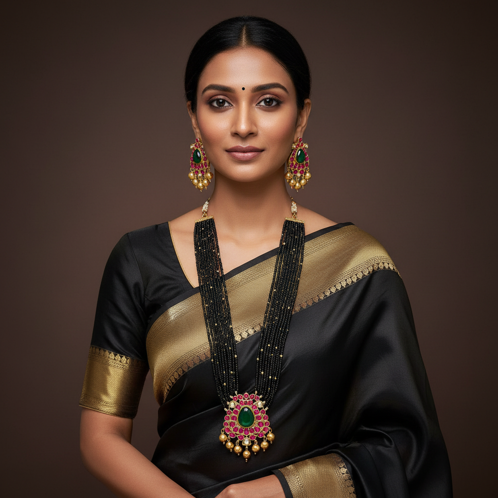 Designer Black Beads Set with Jadau Pendant And Screw Back Earrings - BD00170