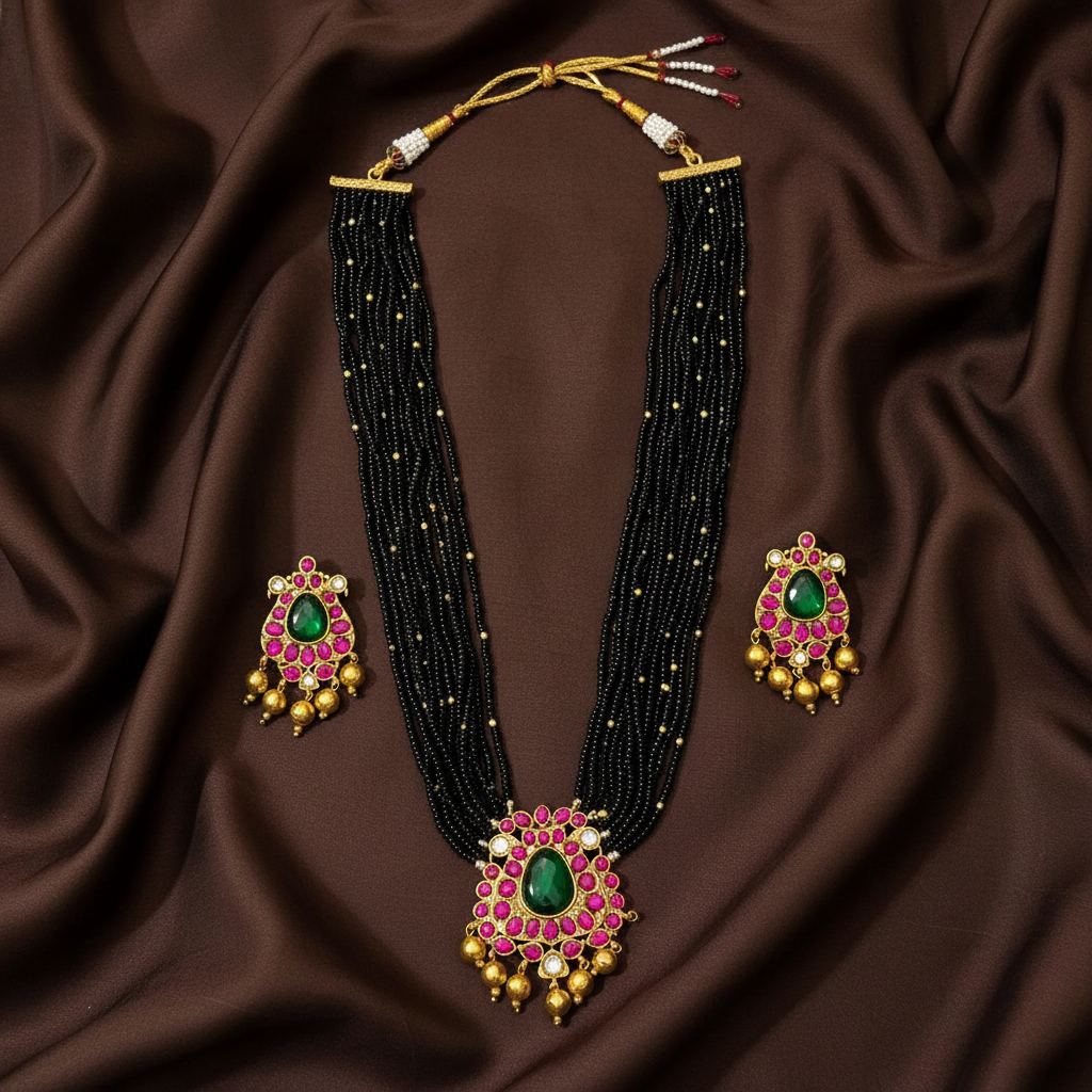Designer Black Beads Set with Jadau Pendant And Screw Back Earrings - BD00170
