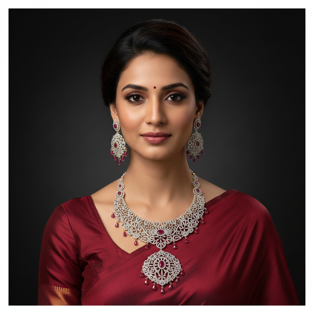 Diamond necklace With Ruby Stone Droplets - DH0023