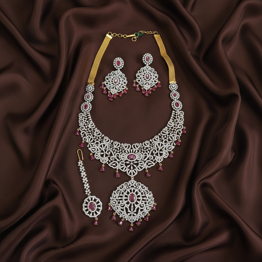 Diamond necklace With Ruby Stone Droplets - DH0023