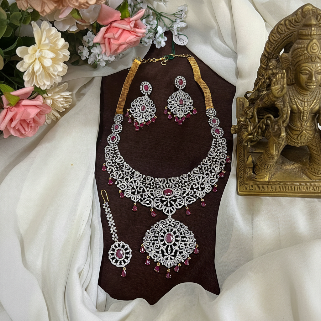 Diamond necklace With Ruby Stone Droplets - DH0023