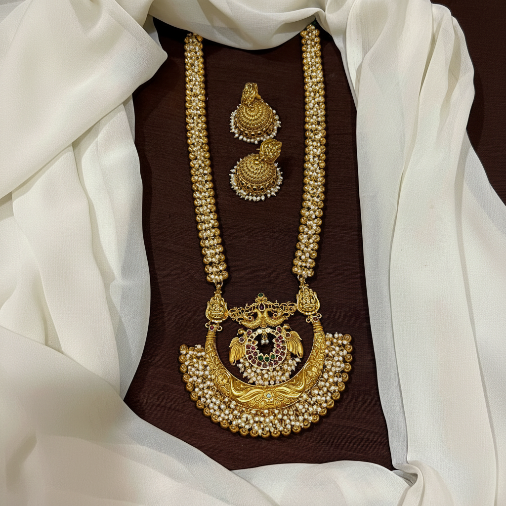 Grand And Elegant Big Chandbali Pearl Pendant With Pearl Side Haram - NH00471