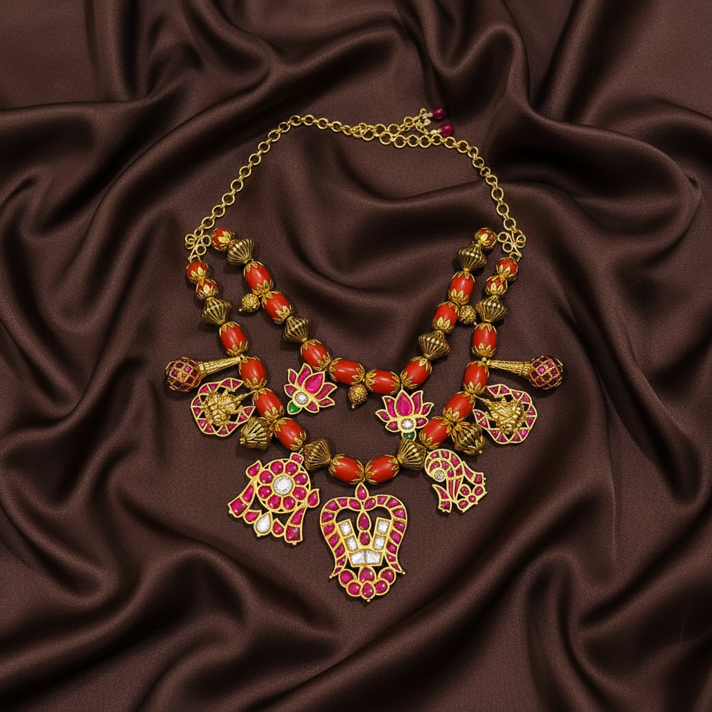 Coral Beautiful Antique Polish Neckpiece with Jadau Small Pendants - PB00566