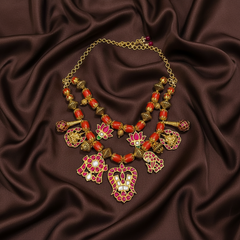 Coral Beautiful Antique Polish Neckpiece with Jadau Small Pendants - PB00566