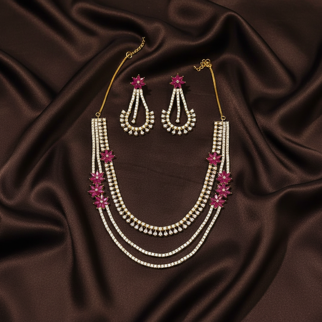 White And Red CZ Layer Haram With Earrings - NH00422