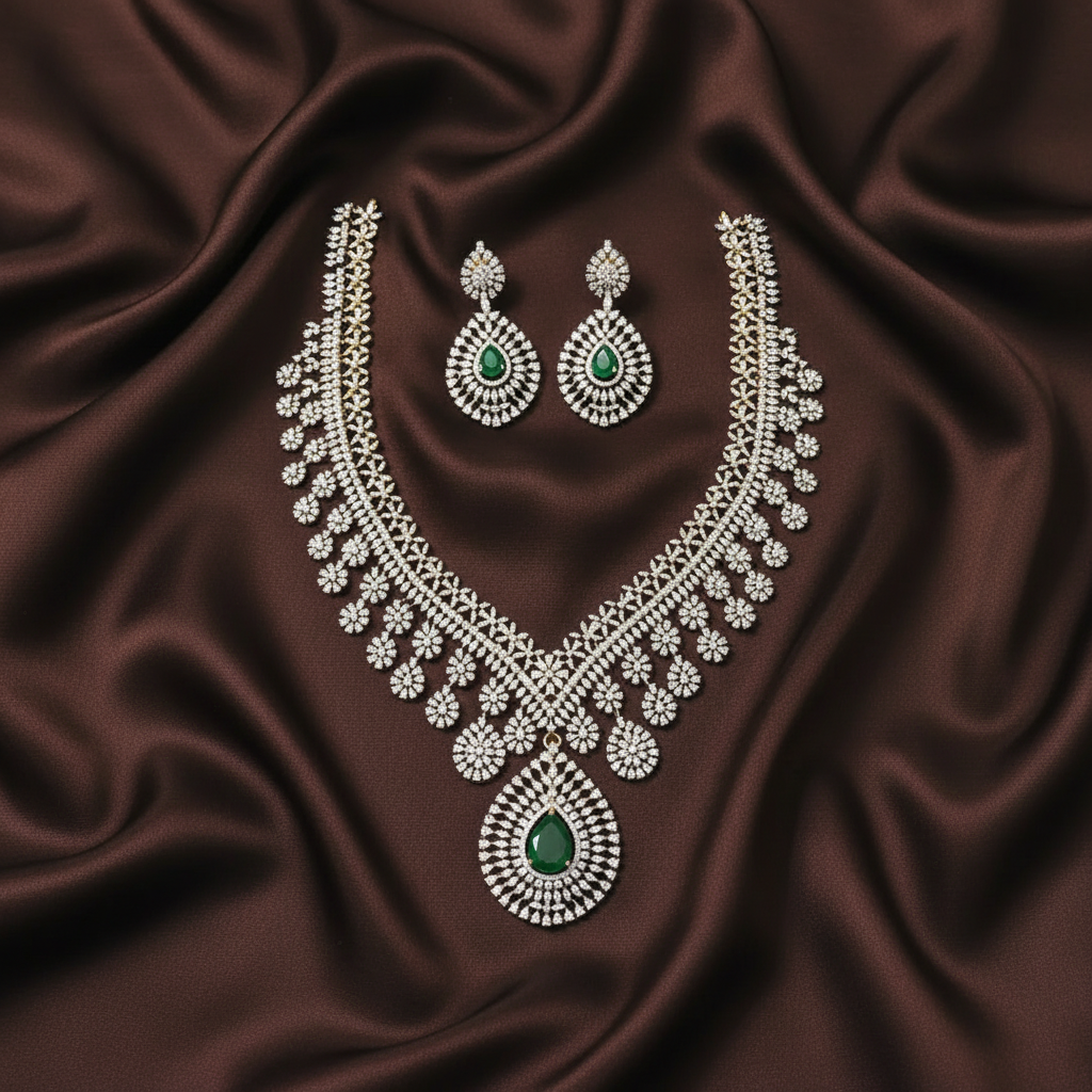 Emerald Stone Daimond Long Haram With Earrings - DH005