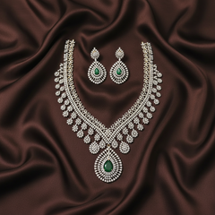 Emerald Stone Daimond Long Haram With Earrings - DH005