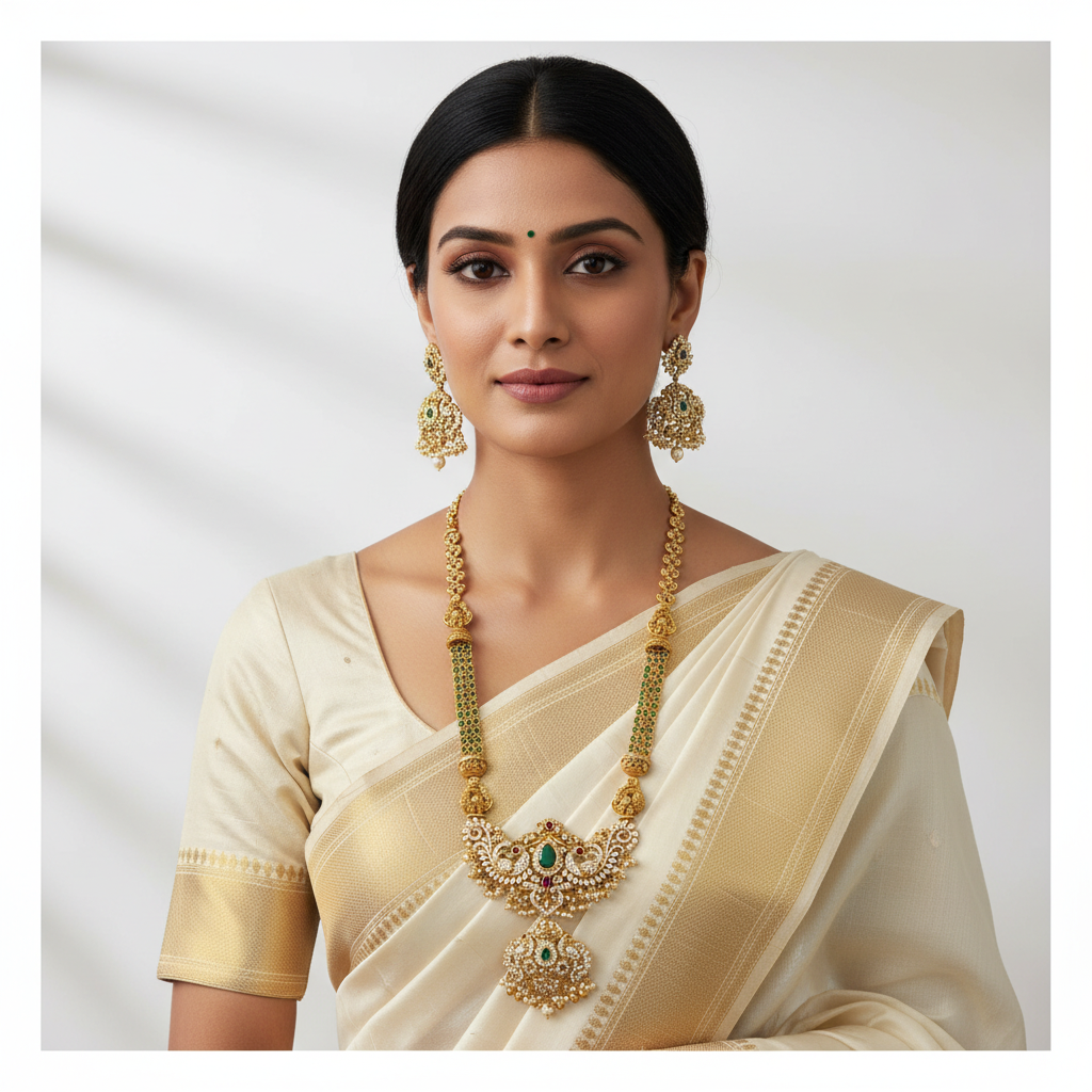 Beautiful Emerald 3 line Long Rani Haram - NH00469