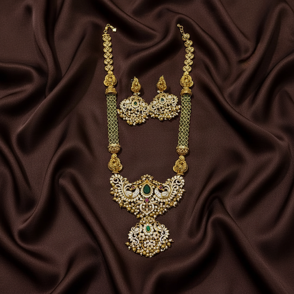 Beautiful Emerald 3 line Long Rani Haram - NH00469