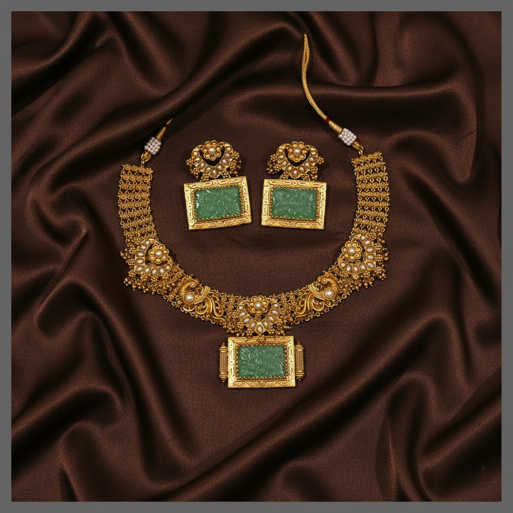 Antique Emerald with Peacock Necklace in Nakshi - NN00616