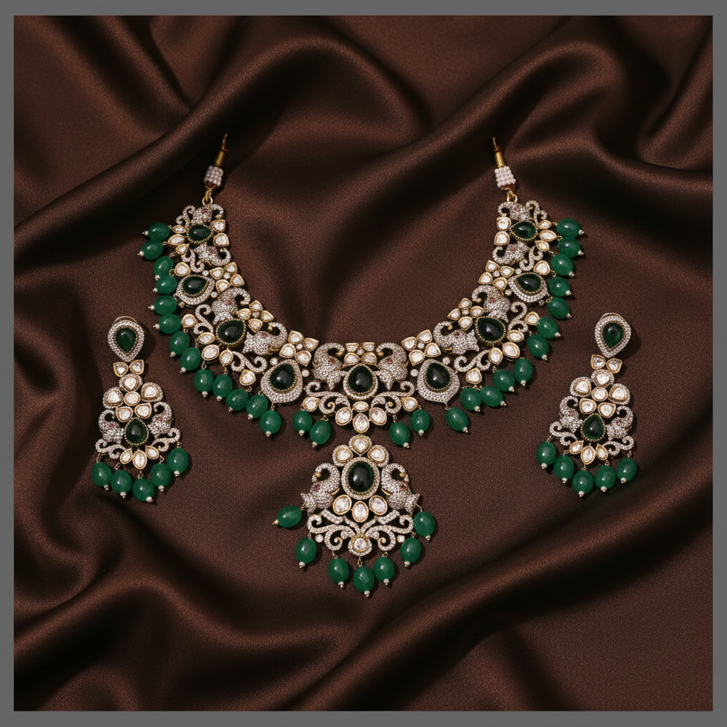 Beautiful Emerald and White Stone Necklace In Victorian - VN00101