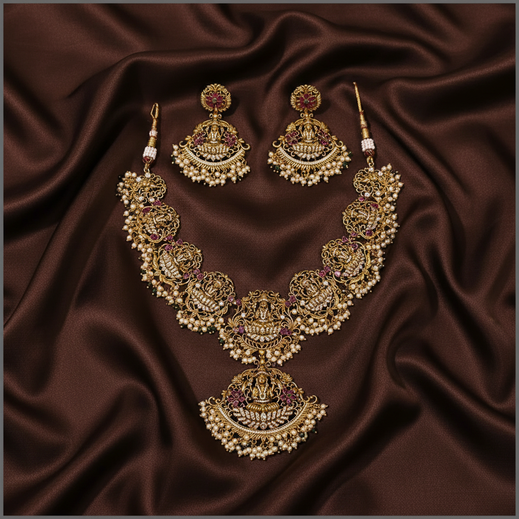 Antique Lakshmi and Elephant Necklace With Pearls - NN00386