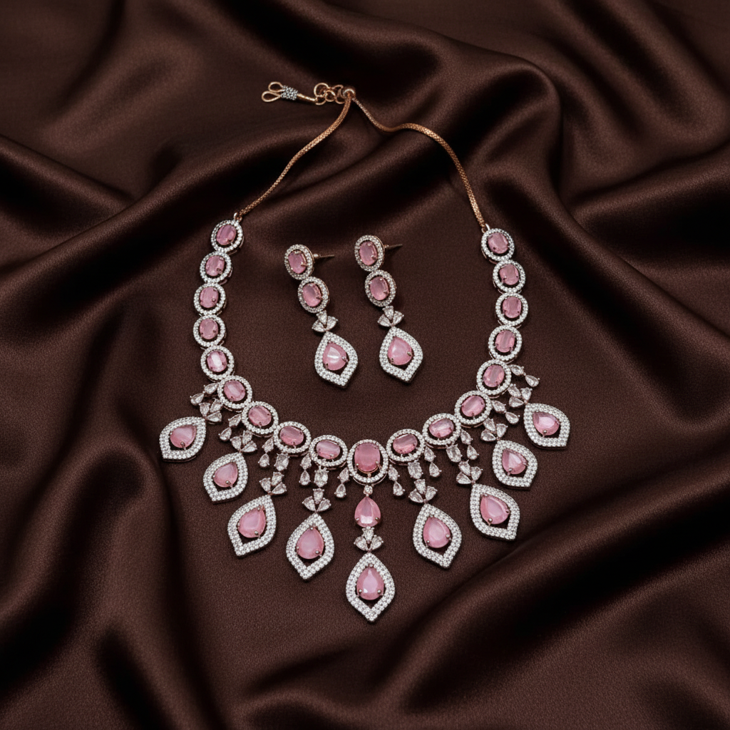 Pink Stone Diamond Necklace Drop Downs - DN0013