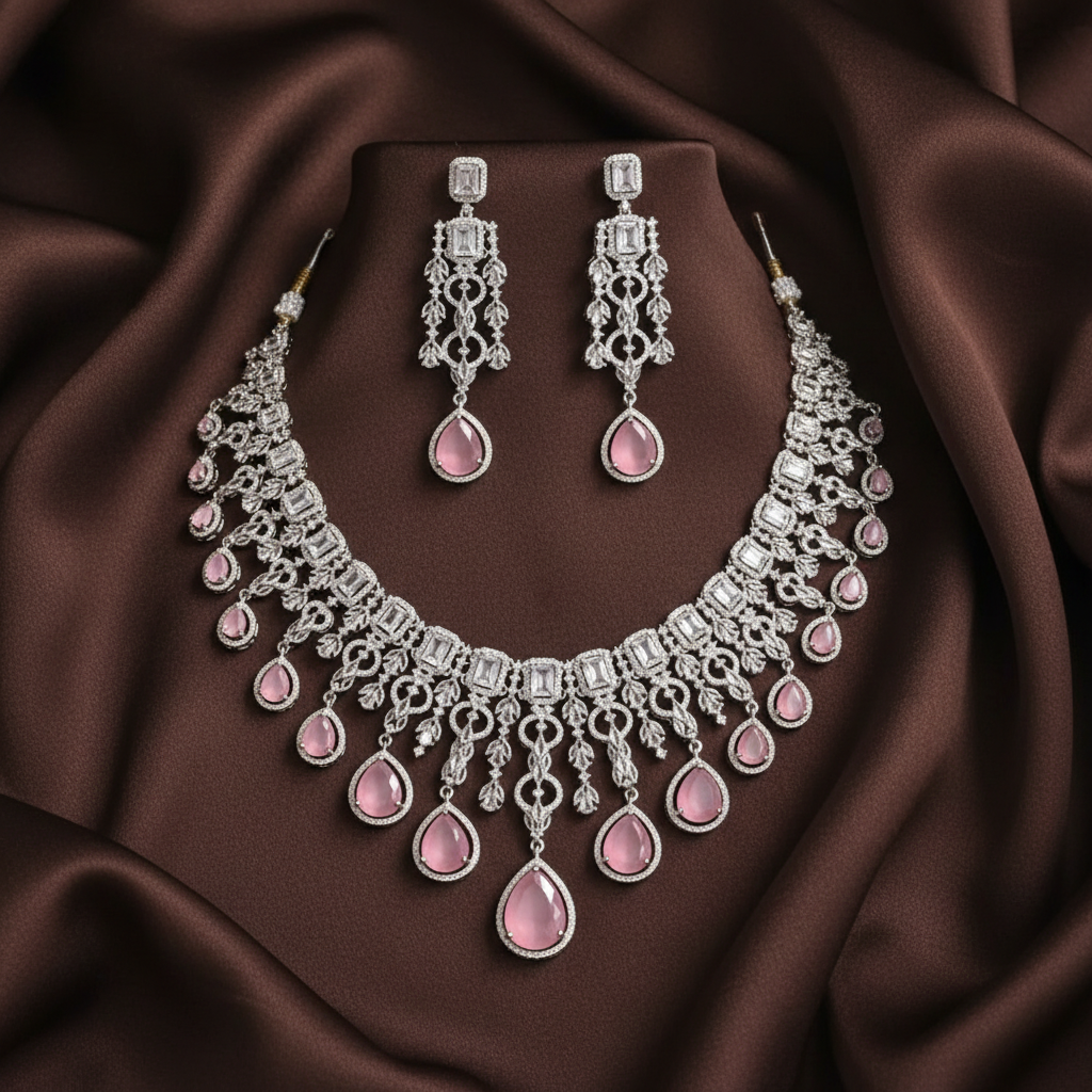 Pink Stone Leaf Daimond Necklace - DN0014