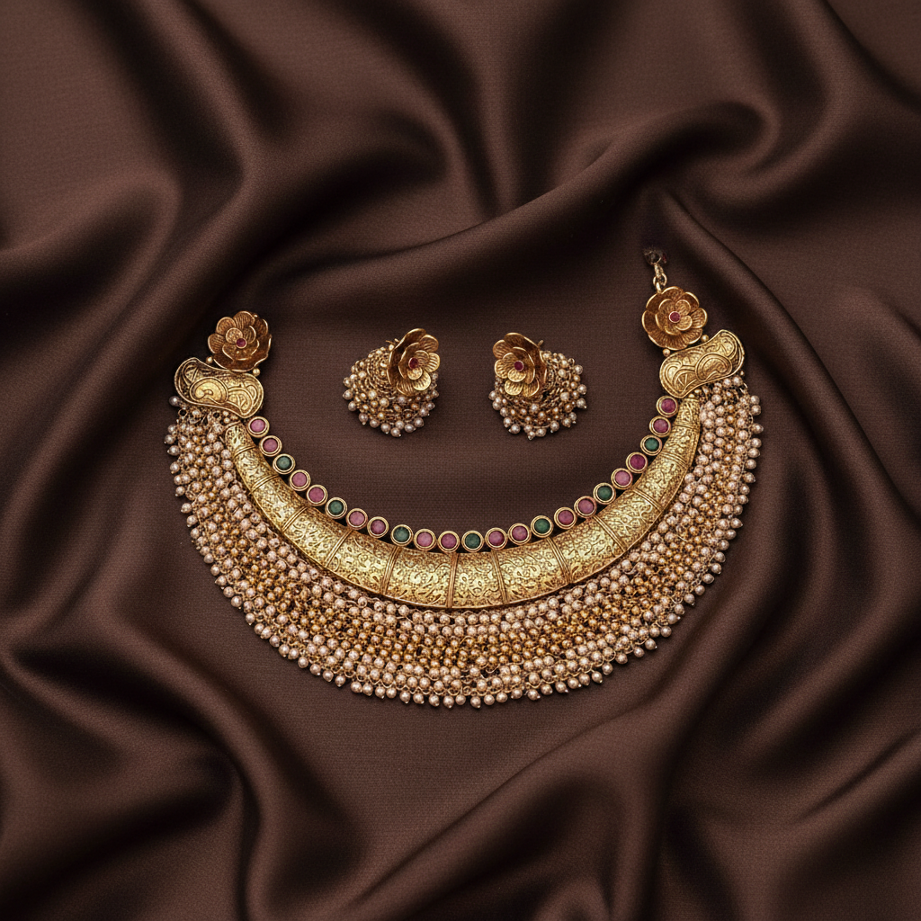 Antic Kante Pearl Multi Stone Necklace in Nakshi - NN00837