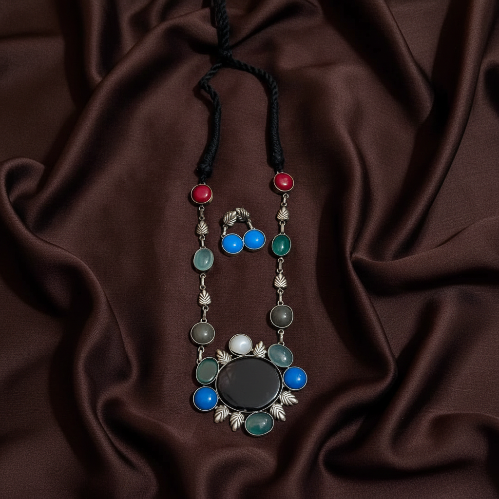 German Silver Designer Haram With Black Dori - PB00625