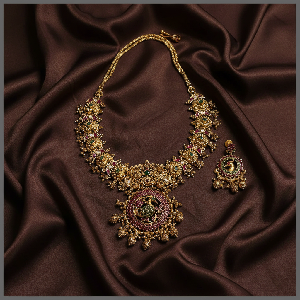 Antique Peacock Pendant with Peacock Necklace in Nakshi - NN00638