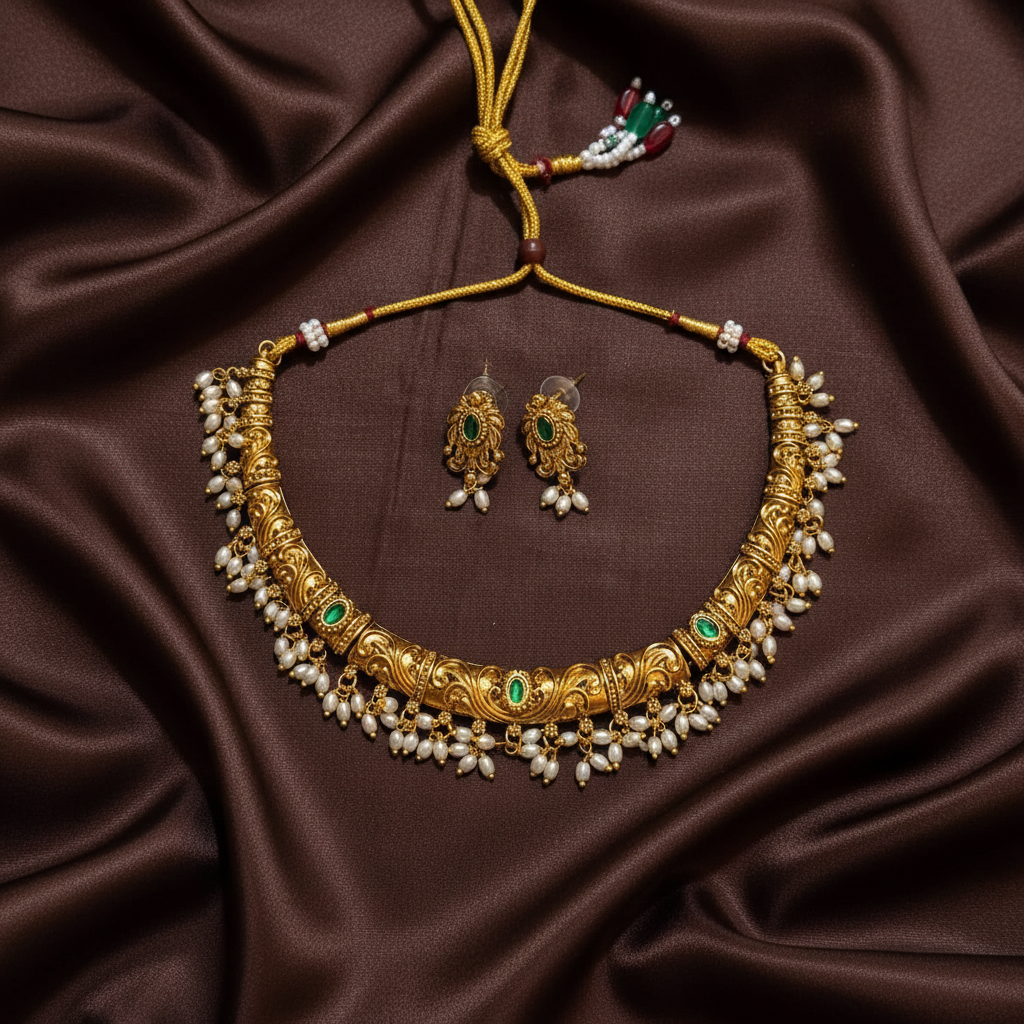 Kante Set With Pota Stone And Rice Pearls - NN00220