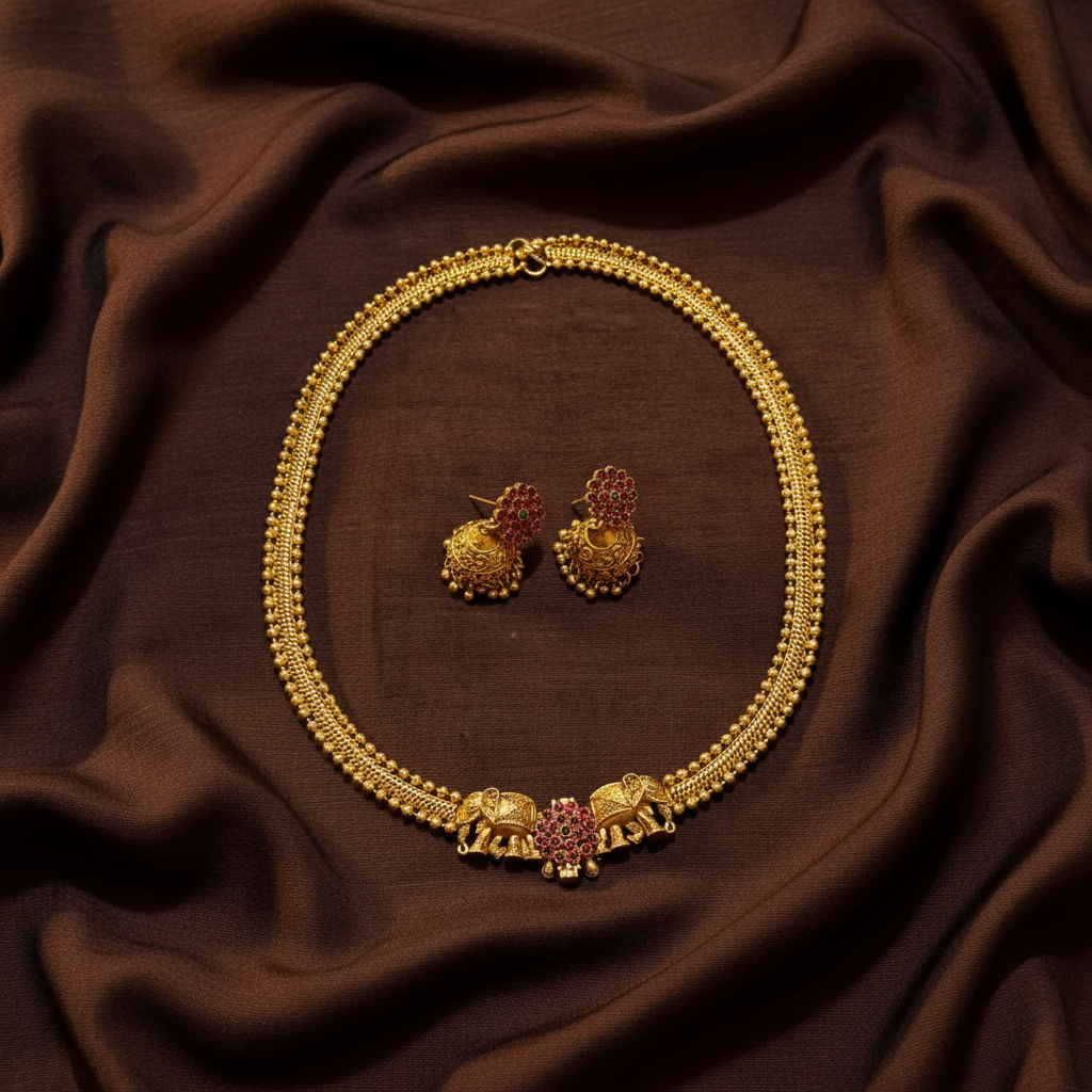Antique Polish Kante set With Elephant Pendant - NN00178