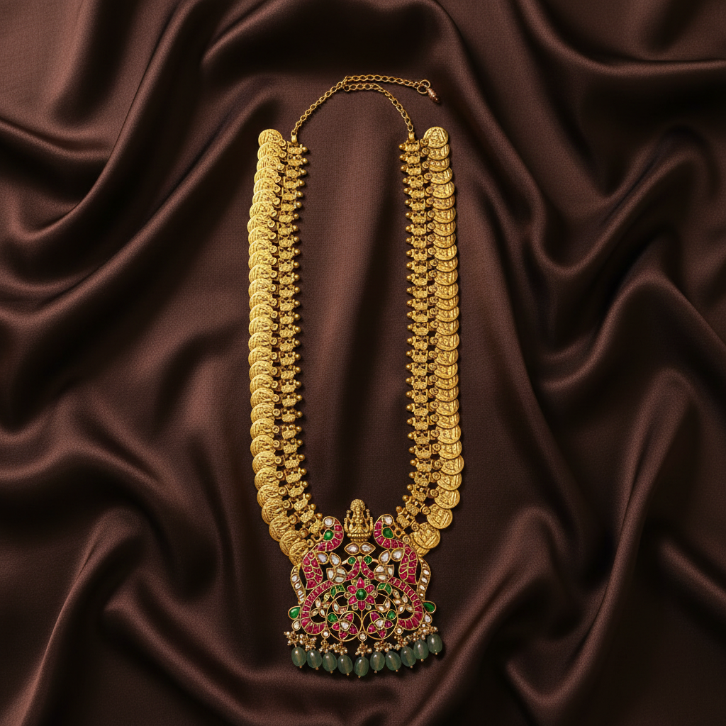 Cute Lakshmi and Peacock Pendant with Kassu Haram in Kundan - KH00328